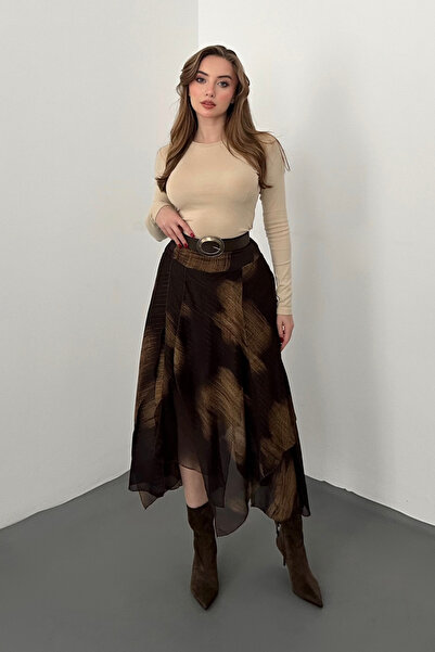 Elbee Fashion Woman Καφέ φούστα σιφόν Με σούρες