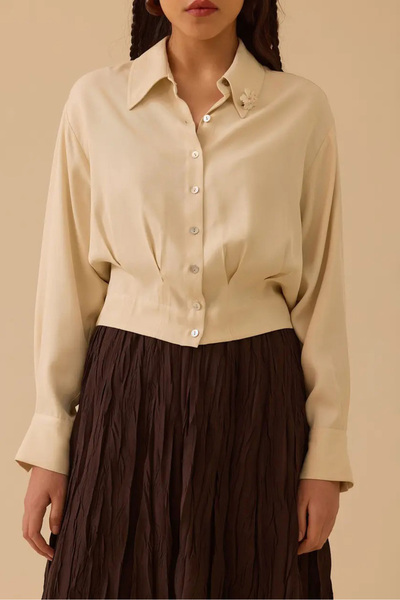 SEÇİL Kadın Pile Detaylı Aksesuarlı Bel Boy Gömlek - Bej