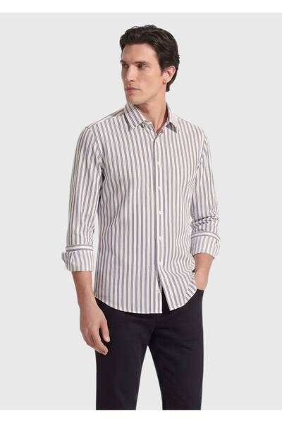Ramsey Black Striped Regular Fit Woven Casual Silk Blended Shirt