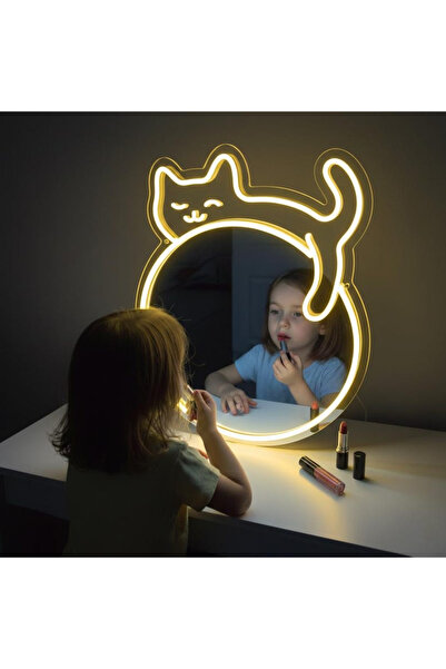 Slasa Cat Shape LED Neon Mirror Light 36x49 cm Yellow Decorative Mirror with ...