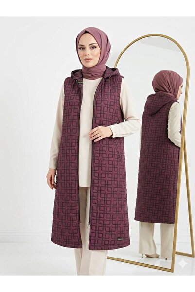 wishne Kadın Büyük Beden Kapüşonlu Uzun Kapitone Yelek 46-54 Beden