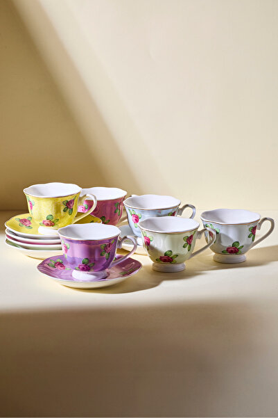 Perotti Hane+ 12 Parça 6 Kişilik Renkli Vintage Çiçekli Kahve Fincanı Takımı