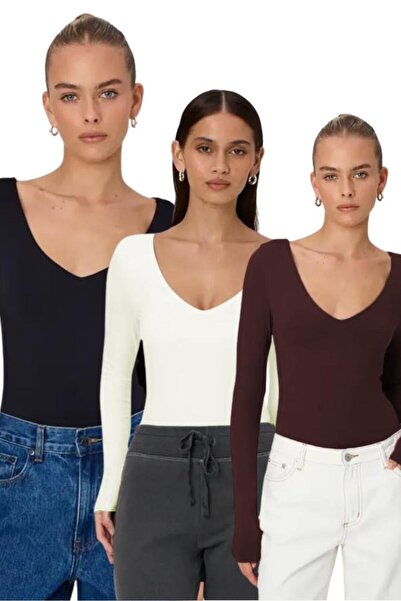 Madmext Brown/White/Black V Neck Long Sleeve Stretchy Fabric Women's Bodysuit...