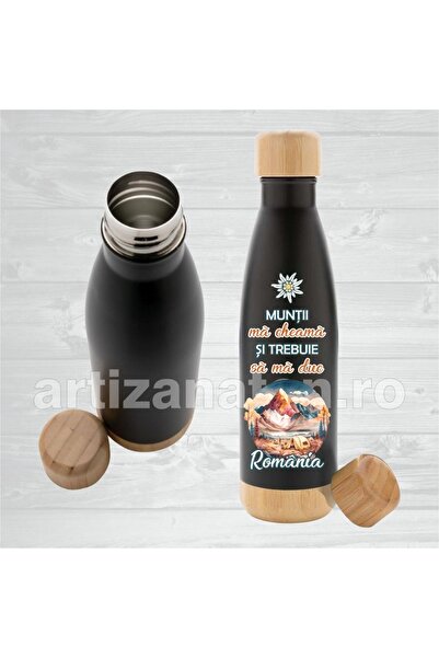 LimArt Termos 500 ml, inox cu bambus, perete dublu, gravura laser, negru