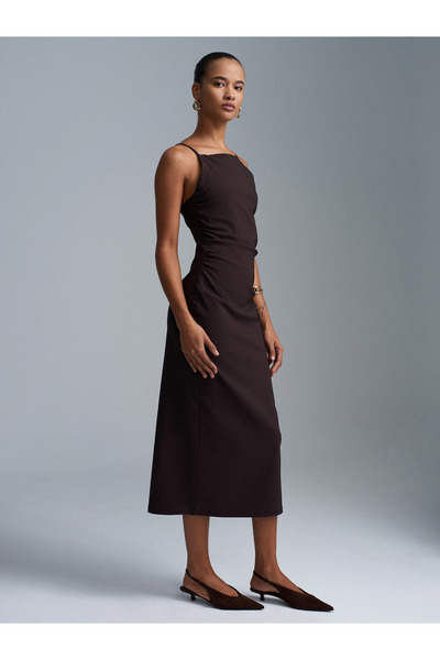 Dilvin 91479 Büzgülü Midi Elbise-Koyu Kahve