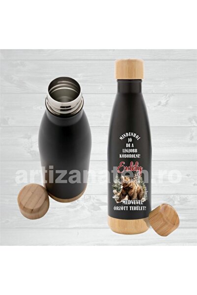 LimArt Termos 500 ml, inox cu bambus, negru, perete dublu, gravura laser