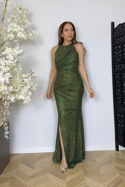 gesmoda G1761 Halter Yaka Boncuk İşlemeli Maksi Abiye Elbise Haki