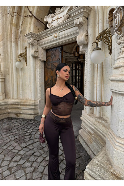 kırmızı butiks Coffee Guipure Detailed Leggings Double Set