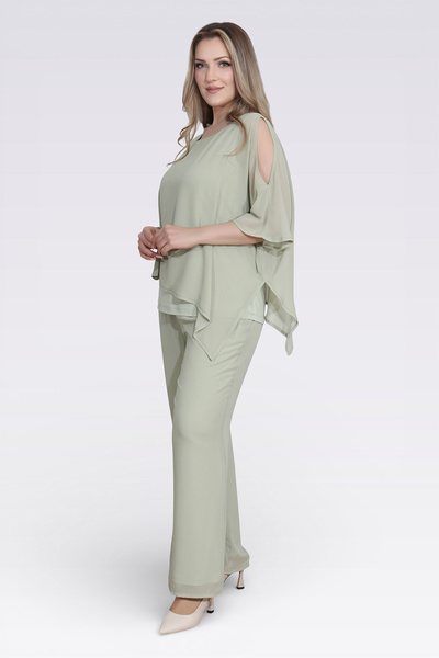 TOLGA SARAÇOĞLU 30094 Water Green Chiffon Pants with Elastic Waist and Tube-L...