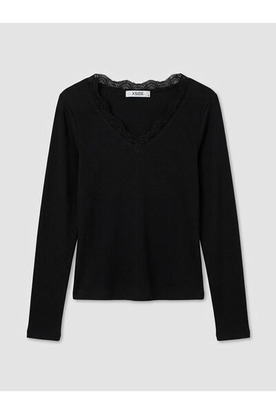 LC Waikiki Xside Black V-Neck Lace Detailed Blouse