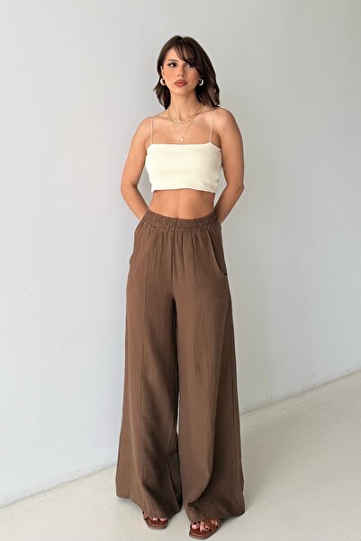 BEJNA بنطلون نسائي بني من الموسلين بقصة فضفاضة