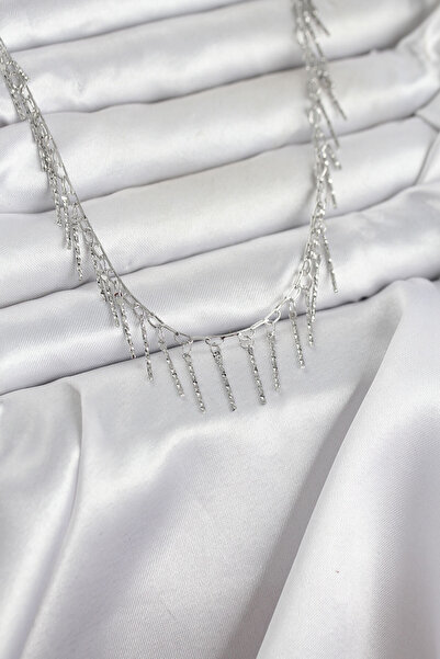 STİLLOVE Brass Silver Color Fringed Model Women's Necklace