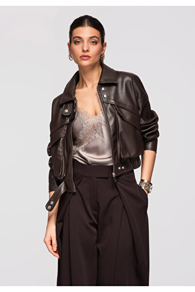 OMBRE Women's Jacket OW-JAFL-0107 Transitional Casual Cropped Coffee