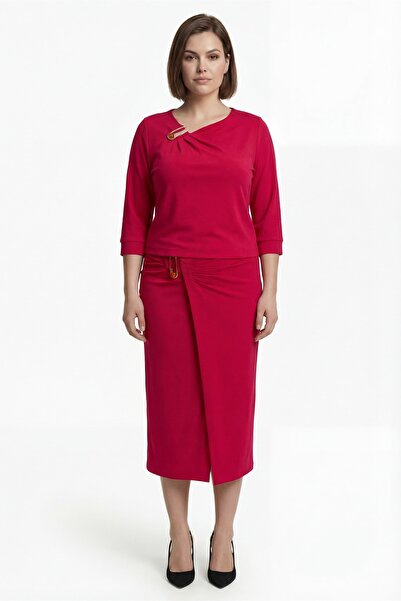 EXİTLİNE Women's Red Summer Dress with Slit Detail and Accessories Top and Bo...