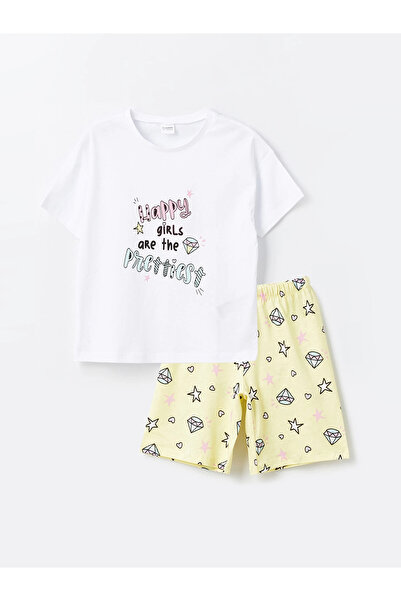 LC Waikiki طقم بيجامة LCW للأطفال برقبة دائرية بيضاء وأكمام قصيرة للفتيات مع ...