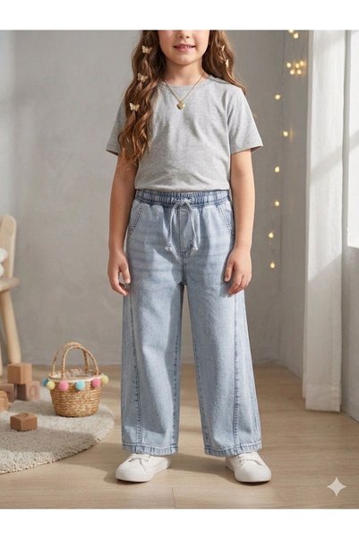 Esprix Kids Girl's Soft Tencel Denim Pants with Elastic Waist and Drawstring Wide Leg Comfortable Fit Wide Leg