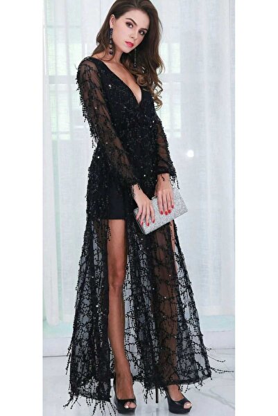 Hanife Glam Couture Hanife Glam uzun kollu göğüs dekolteli uzun elbise