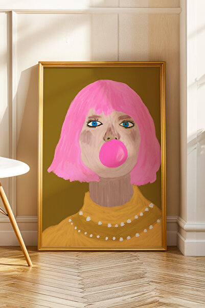 ArtDropsco Kadın Pop Art Tablo Sakız Balonlu Modern Poster Duvar Dekoru Çerçe...