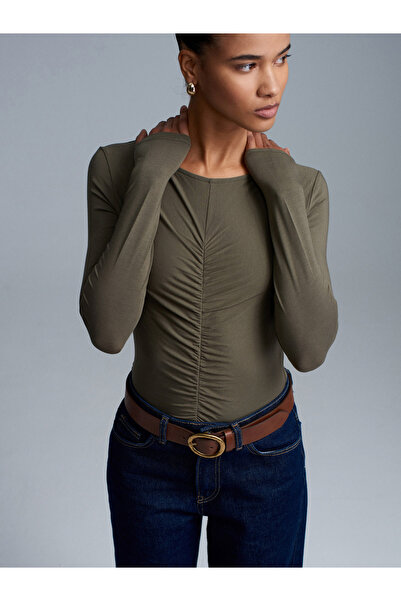 Dilvin 32600 Ruched Kayık Yaka Top-Khaki