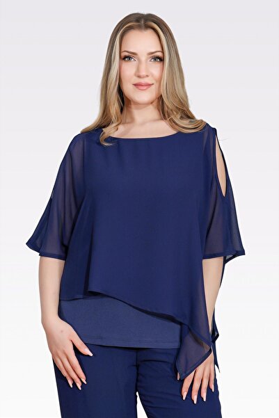 TOLGA SARAÇOĞLU 10748 Dark Blue Boat Neck Relaxed Fit Linered Chiffon Tunic