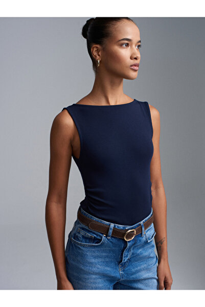 Dilvin 31589 Ruched Kayık Yaka Top-K.Navy Blue