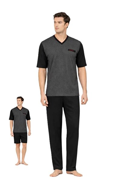 Pierre Cardin Men's 3-Piece Short Sleeve V-Neck Jacquard Combed Cotton Pajama...