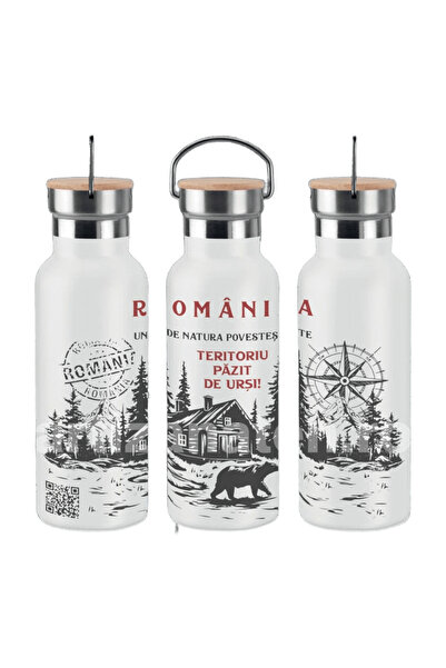 LimArt Termos 500 ml, otel inoxidabil, capac bambus, perete dublu, Alb, 70x22...