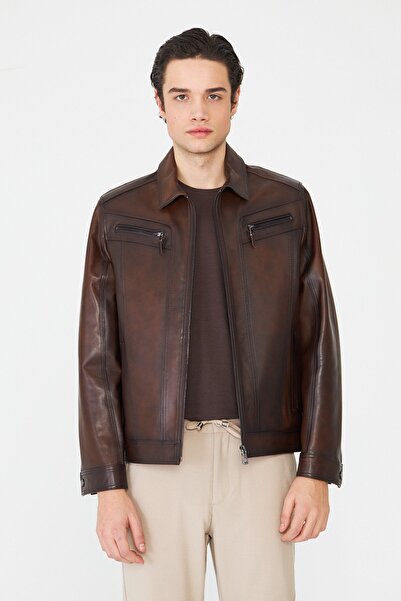 White Stone Brown Zippered Classic Cut Genuine Leather Jacket