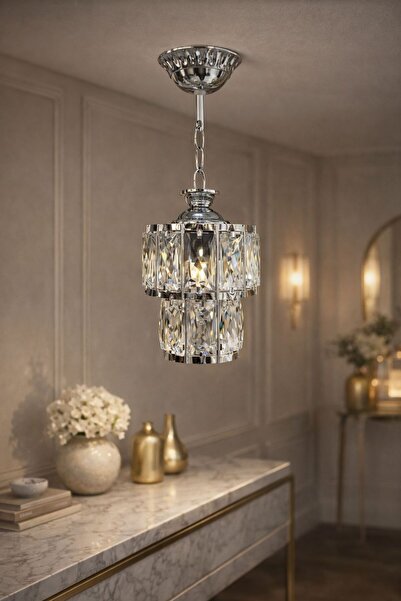 MARS CONCEPT Lüks Kristal Cam Tekli Sarkıt Avize – Krom Metal Gövde Modern De...