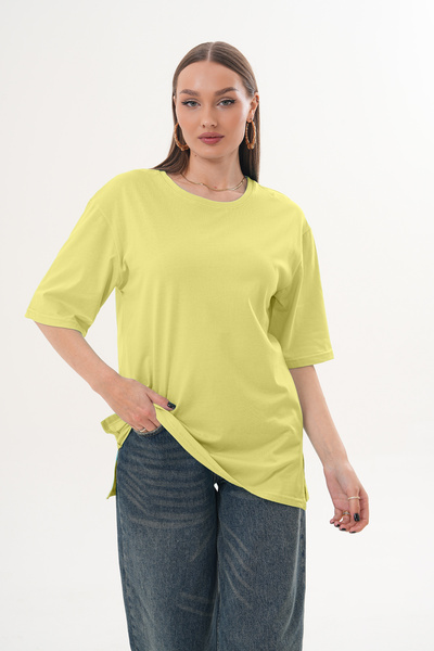 THE WOOW Unisex Yellow Crew Neck Short Sleeve Side Slit Oversized Basic T-Shi...