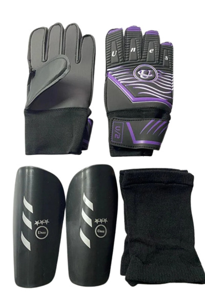 unes قفازات حارس المرمى باللون الأرجواني + طقم كرة قدم أسود مع واقي الساق
