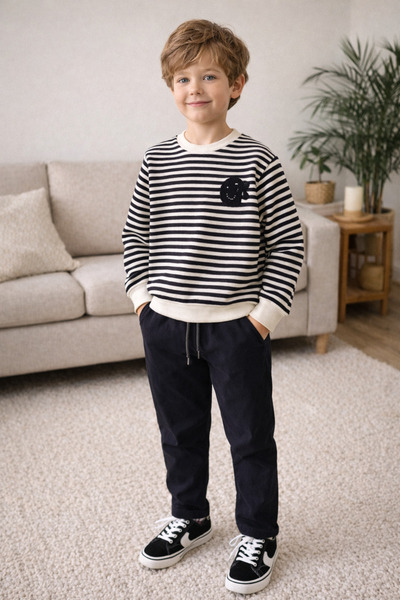 Uğur bebe Pulover tricotat pentru băieți elastic negru crem cu dungi cu panta...