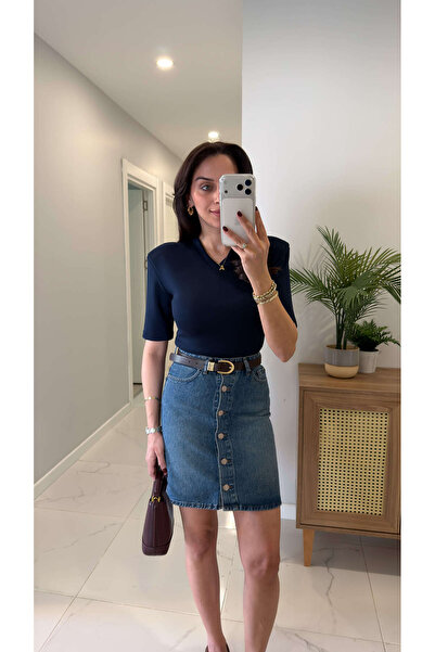 BİRCANÇİL Bluză Peritta bleumarin cu cu umeri întăriți nasturi