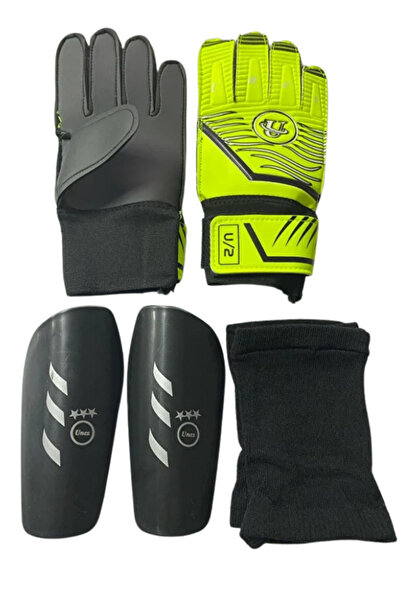 unes Yellow Goalkeeper Gloves + Black Shin Guard Football Set