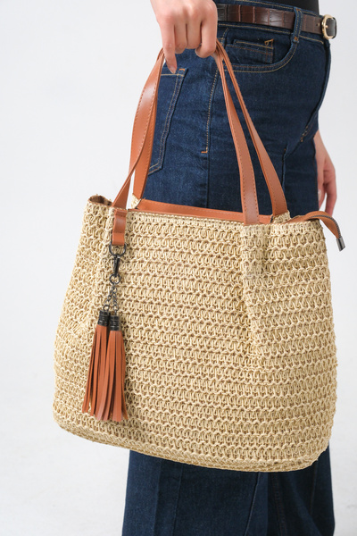 MARSEDO Panglică de damă din paie, mărime mare, zilnică, cu geantă de umăr ci...