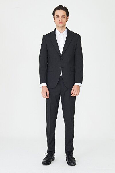 White Stone Dark Gray Fine Textured Fabric Modern S Slim Fit Classic Collar P...