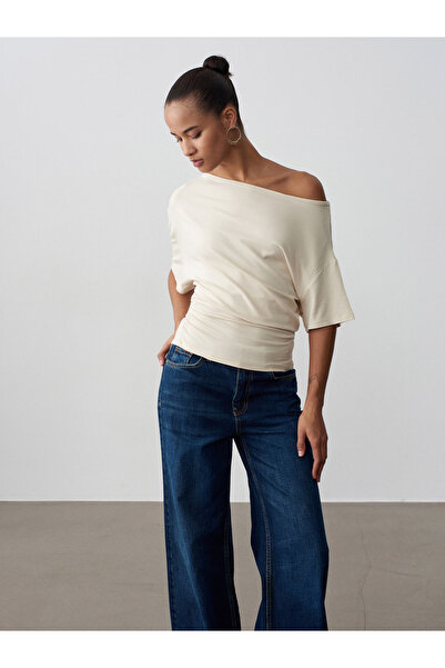 Dilvin 32735 Asimetrični ovratnik Fit T-shirt -Kamen