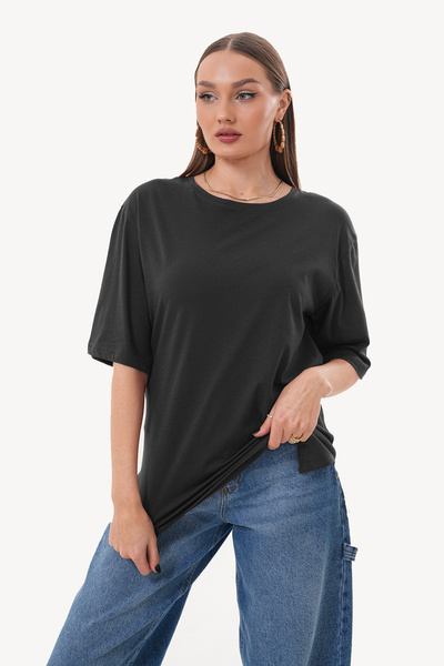 THE WOOW Women's Smoked Crew Neck Short Sleeve Side Slit Oversized Basic T-Sh...