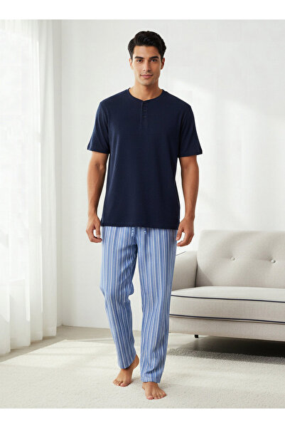 FAV Men Cotton Striped Button Front Nightwear Set