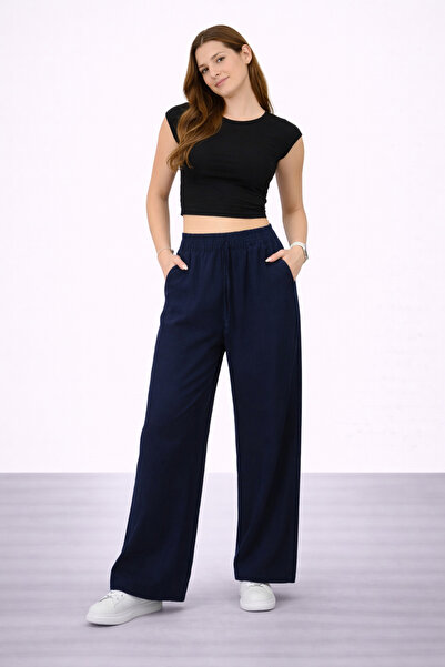 İDOL GİYİM Women's Tencel Fabric Comfortable Cut Wide Leg Pants Elastic Waist...