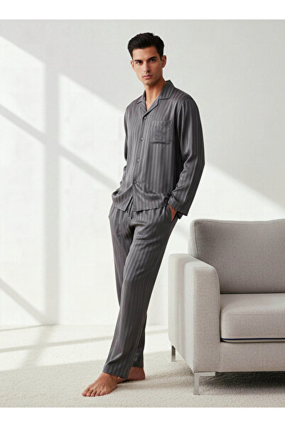 FAV Men Modal Striped Button Front Nightwear Set