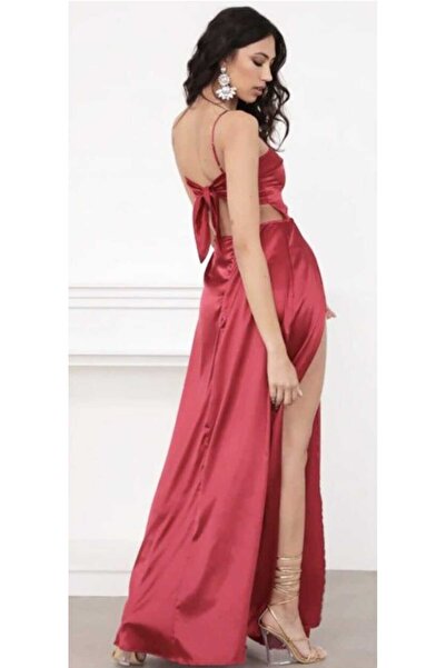Hanife Glam Couture Hanife Glam sırt dekolteli yırtmaçlı asetat saten elbise