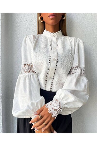 Sara Helını Keten dantel detayli gömlek