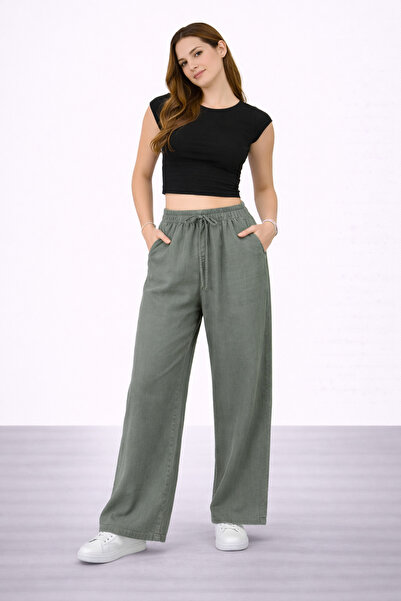 İDOL GİYİM Women's Tencel Fabric Comfortable Cut Wide Leg Pants Elastic Waist...