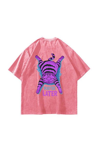 Bak Moda Tricou unisex oversize, lavabil, roz, cu imprimeu „Maybe Later”