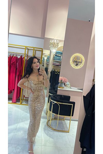 Hatice Altıntaş BONCUK PAYET İŞLEME DETAY GOLD ABİYE ELBİSE