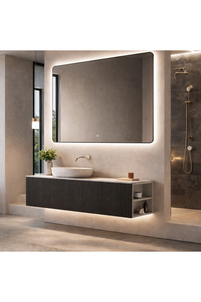 shark design Oglindă LED pătrată premium 80×80 cm, ramă neagră, 3 tipuri de l...