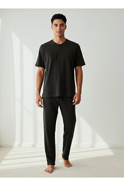 FAV Men Cotton Waffle Textured Henley Neck Nightwear Set