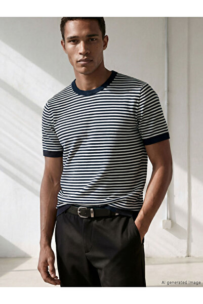 LC Waikiki Ecru bicycle collar striped short sleeve men's knit sweater
