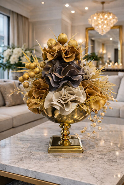 İSHTAR DEKOR Dekoratif Gold Ayaklı Metal Vazo Yapay Çiçek Aranjmanı – Krem/Şa...